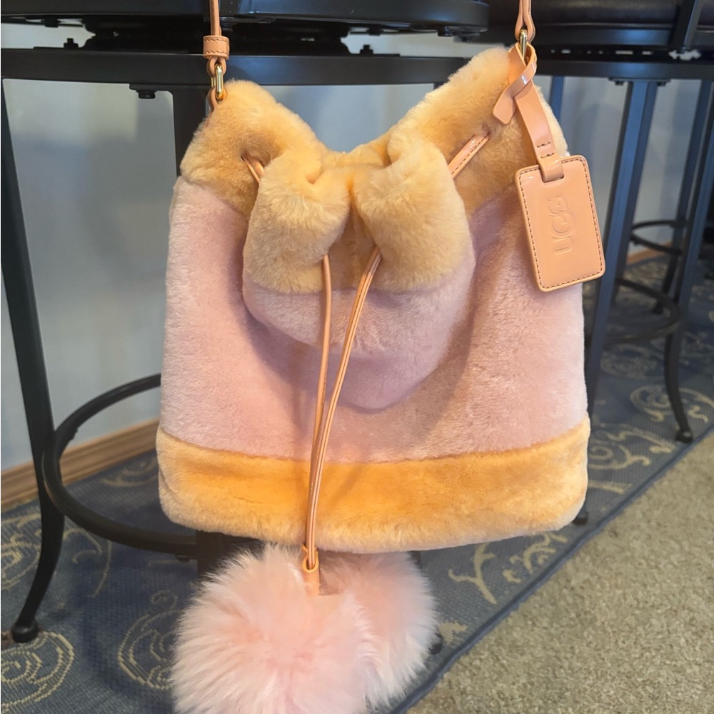 UGG Women's Pink and Tan Furry bucket purse